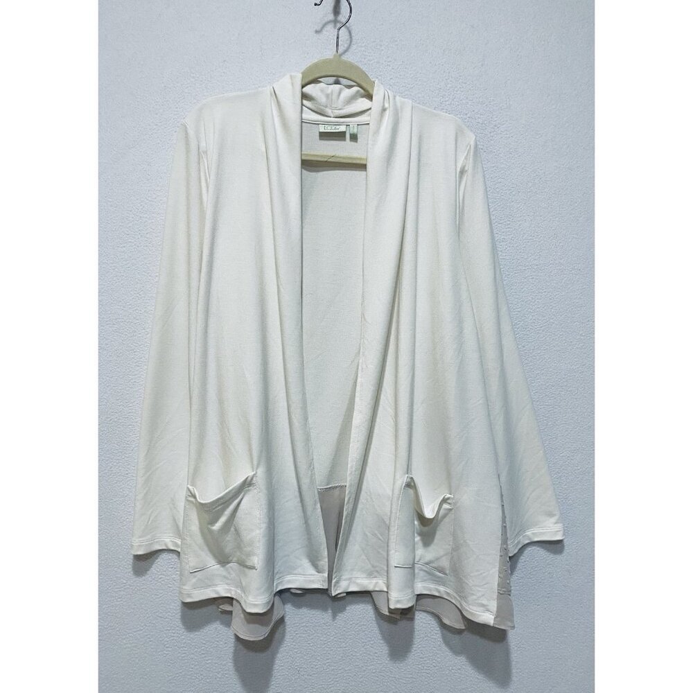 LOGO LOUNGE Lori Goldstein Top Womens Large Ivory Jersey Knit Chiffon Hem Flowy